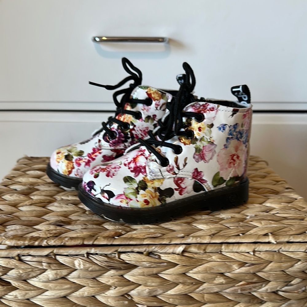Pink and Black Floral Combat Boots with Chunky Sole 10Girls